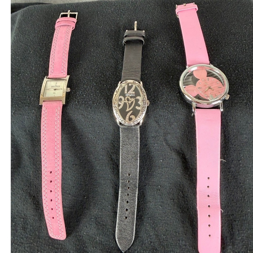 Lot of 3 Skagen Brighton Disney Watch Pink Black Leather Crystal Accents